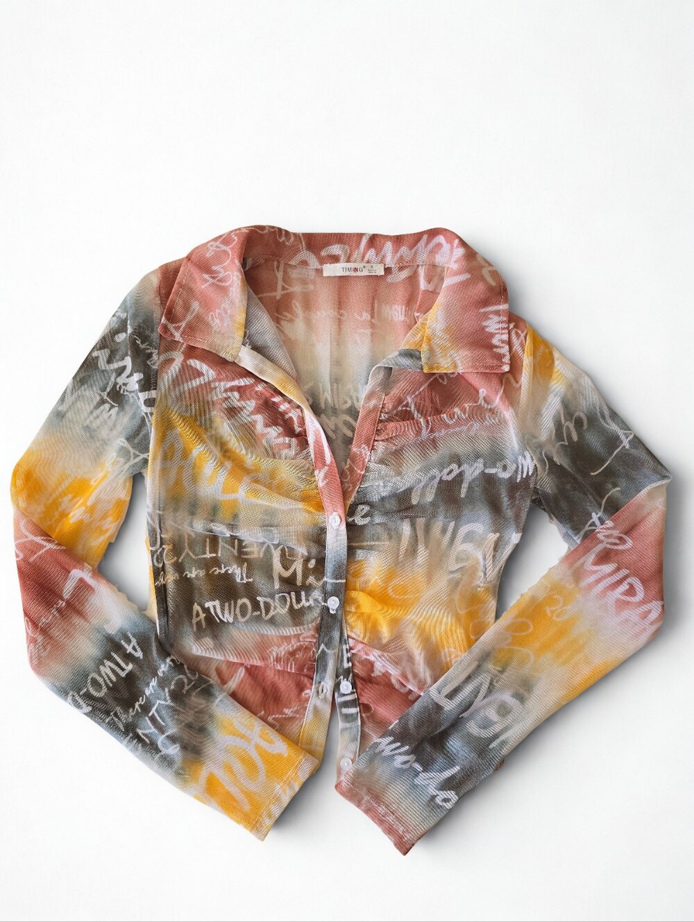 Timing Y2K Graffiti Sheer Mesh Button Down Top Long Sleeve S